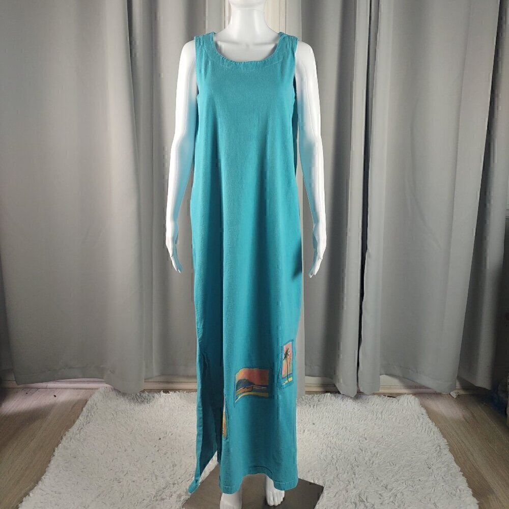 Michael Leu Art to Wear 100% Cotton Turquoise Sleeveless Tank Maxi Dress Size M